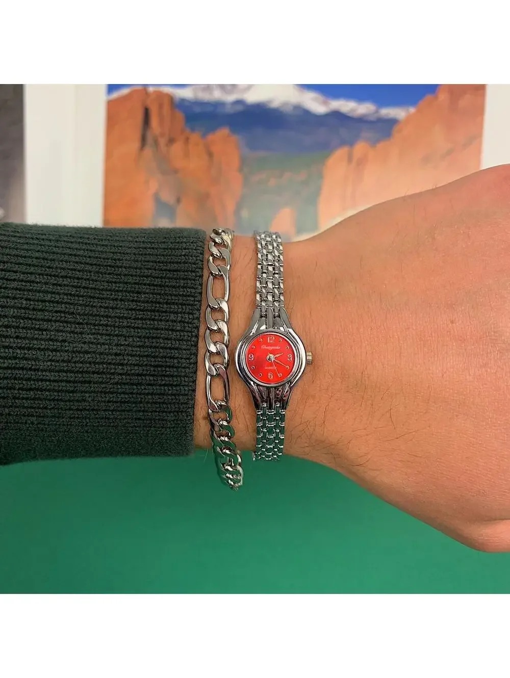 Minimalistic Silver and Red Face round dainty stainless steel y2k 2000s style wa